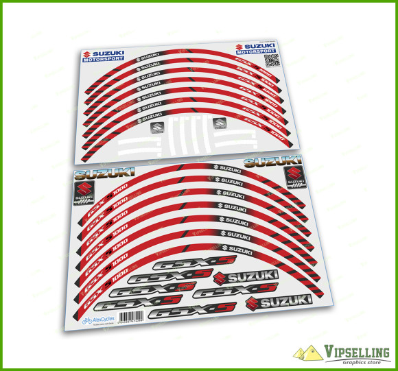 SUZUKI GSX S1000 Red Racing Laminated Wheel Decals Rim Red Stickers Stripes Set