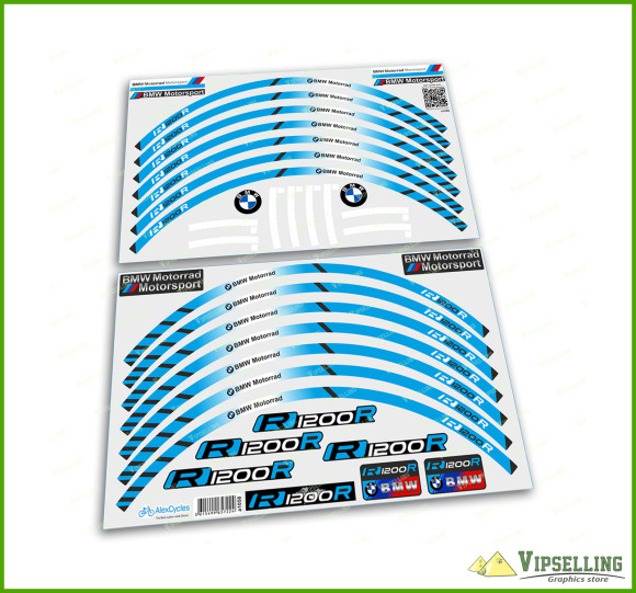 BMW Motorrad Motorsport R1200R Light Blue Wheel Rim Laminated Stripes Decals Stickers Kit